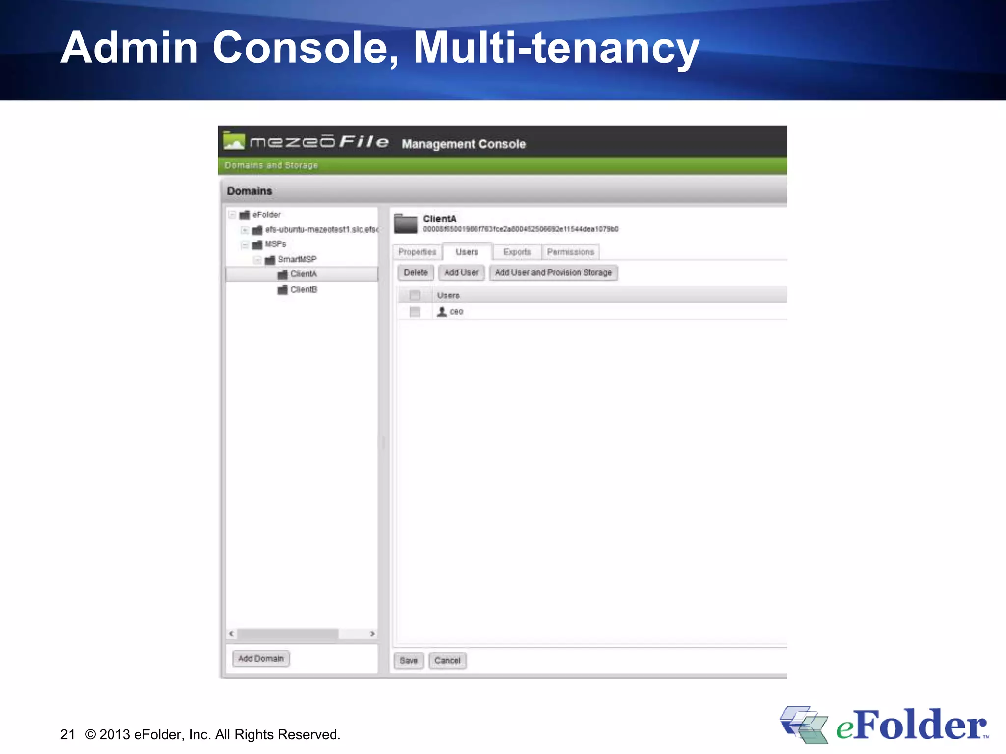 Admin Console, Multi-tenancy
© 2013 eFolder, Inc. All Rights Reserved.21
 