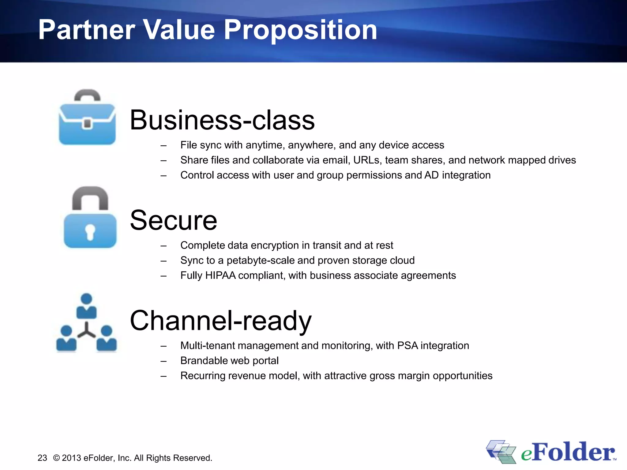 Partner Value Proposition
© 2013 eFolder, Inc. All Rights Reserved.23
Business-class
– File sync with anytime, anywhere, and any device access
– Share files and collaborate via email, URLs, team shares, and network mapped drives
– Control access with user and group permissions and AD integration
Secure
– Complete data encryption in transit and at rest
– Sync to a petabyte-scale and proven storage cloud
– Fully HIPAA compliant, with business associate agreements
Channel-ready
– Multi-tenant management and monitoring, with PSA integration
– Brandable web portal
– Recurring revenue model, with attractive gross margin opportunities
 