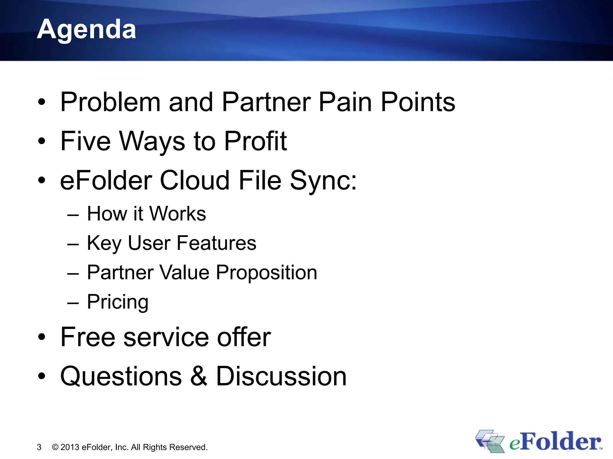 Agenda
• Problem and Partner Pain Points
• Five Ways to Profit
• eFolder Cloud File Sync:
– How it Works
– Key User Features
– Partner Value Proposition
– Pricing
• Free service offer
• Questions & Discussion
© 2013 eFolder, Inc. All Rights Reserved.3
 
