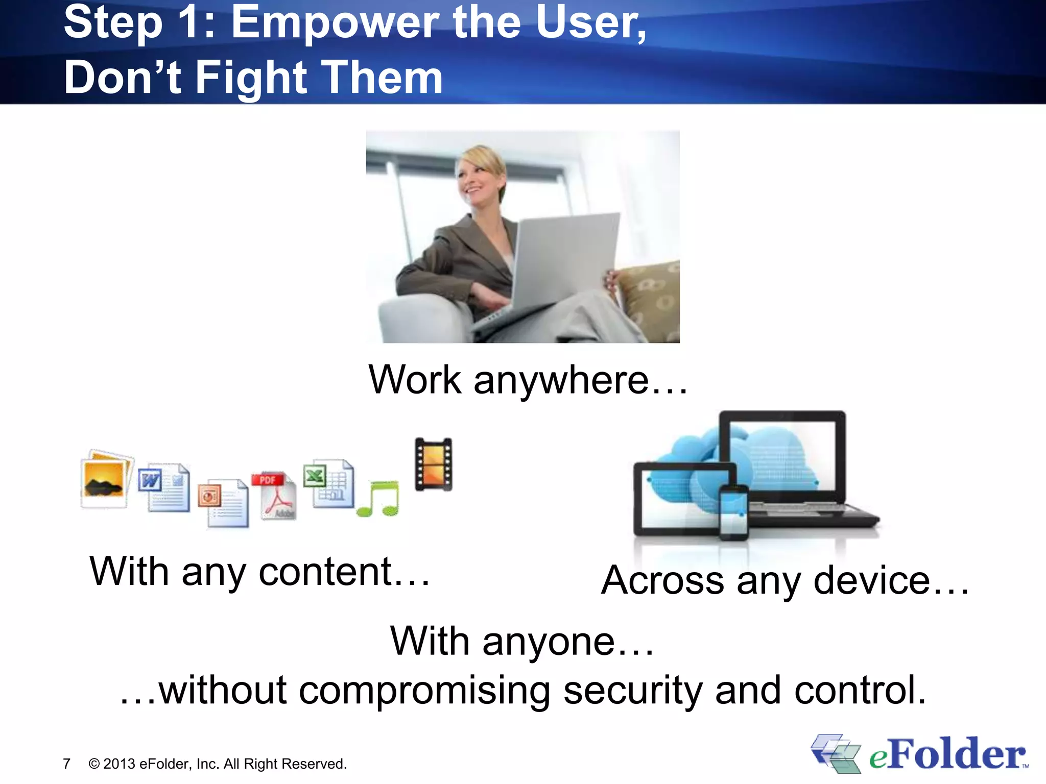Step 1: Empower the User,
Don’t Fight Them
© 2013 eFolder, Inc. All Right Reserved.7
Work anywhere…
With any content… Across any device…
With anyone…
…without compromising security and control.
 