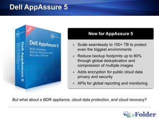 Dell AppAssure 5


                                             New for AppAssure 5

                                       Scale seamlessly to 100+ TB to protect
                                       even the biggest environments
                                       Reduce backup footprints up to 80%
                                       through global deduplication and
                                       compression of multiple images
                                       Adds encryption for public cloud data
                                       privacy and security
                                       APIs for global reporting and monitoring



    But what about a BDR appliance, cloud data protection, and cloud recovery?


1
 