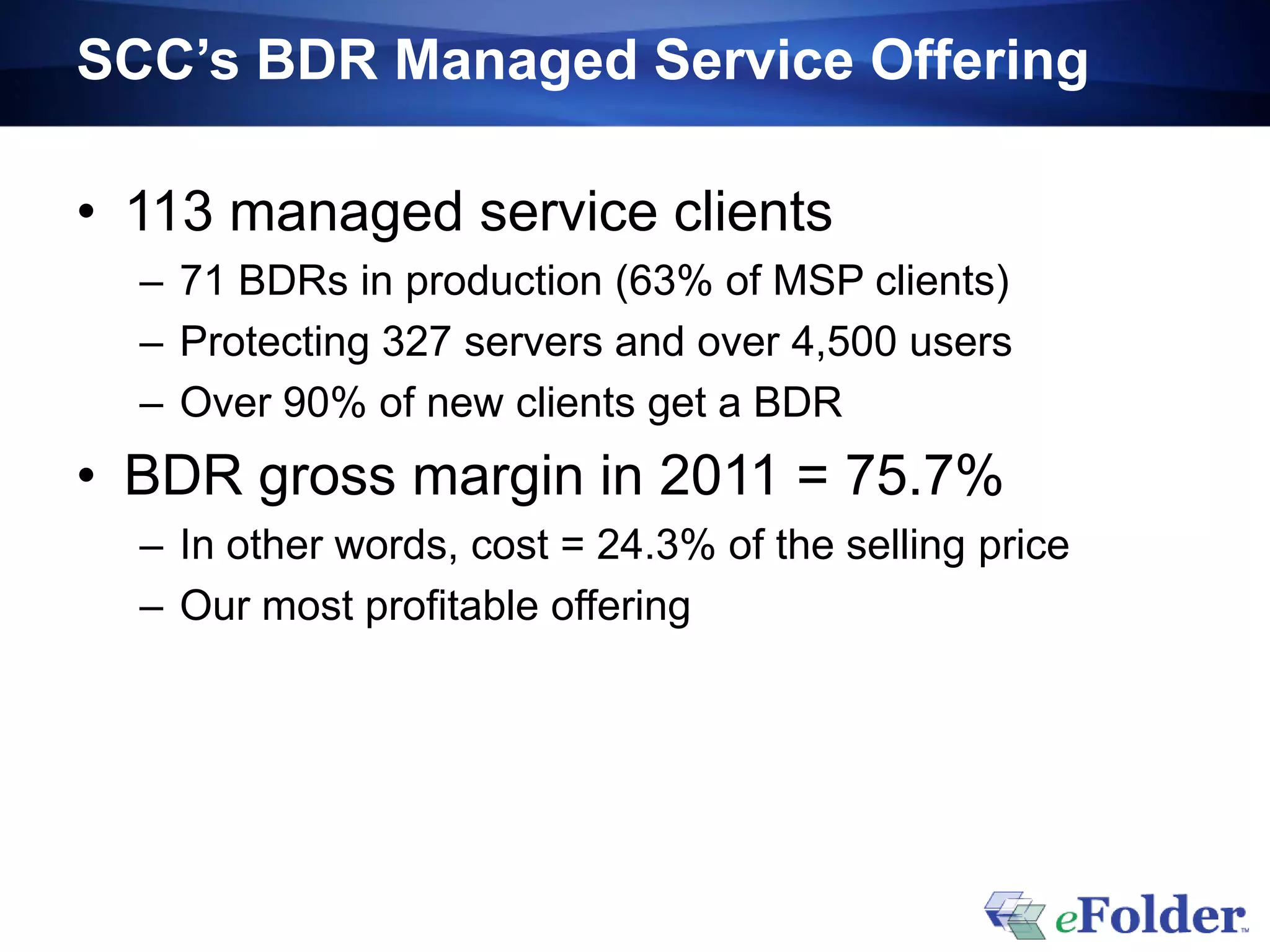 SCC’s BDR Managed Service Offering

• 113 managed service clients
  – 71 BDRs in production (63% of MSP clients)
  – Protecting 327 servers and over 4,500 users
  – Over 90% of new clients get a BDR
• BDR gross margin in 2011 = 75.7%
  – In other words, cost = 24.3% of the selling price
  – Our most profitable offering
 