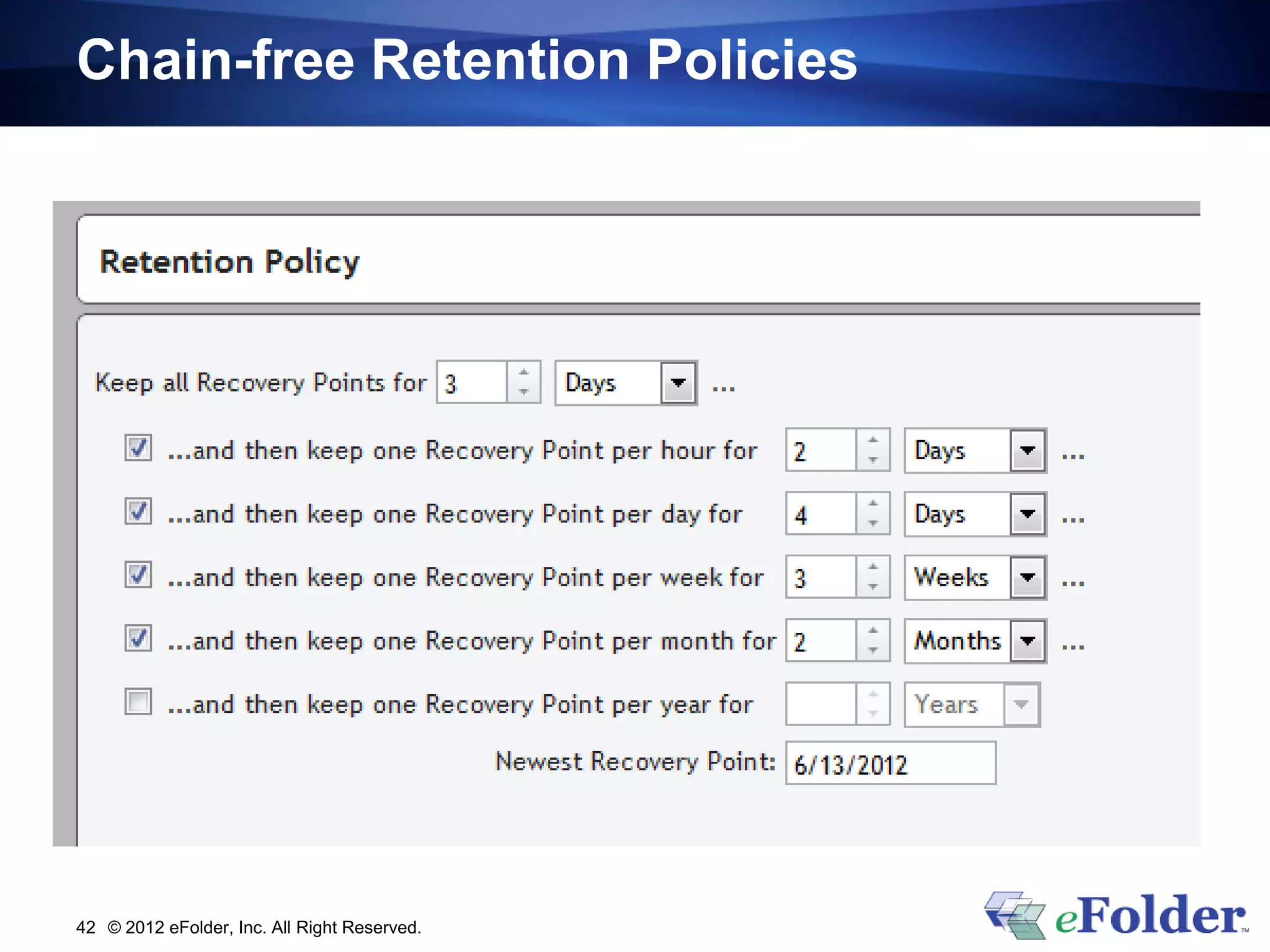 Chain-free Retention Policies




42 © 2012 eFolder, Inc. All Right Reserved.
 