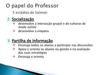 2.  Socialização desenvolve a interacção grupal e de culturas de modo  online desenvolve a empatia 3.  Partilha de Informação Encoraja todos os alunos a participar nas discussões Apoia e orienta os alunos na gestão e na avaliação das suas estratégias Encoraja e orienta 