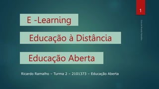 E -Learning
Educação à Distância
Educação Aberta
1
Ricardo Ramalho – Turma 2 – 2101373 – Educação Aberta
 