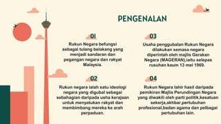PENGENALAN
Rukun Negara befungsi
sebagai tulang belakang yang
menjadi sandaran dan
pegangan negara dan rakyat
Malaysia.
01
Usaha penggubalan Rukun Negara
dilakukan semasa negara
diperintah oleh majlis Gerakan
Negara (MAGERAN),iaitu selepas
rusuhan kaum 13 mei 1969.
03
Rukun negara ialah satu ideologi
negara yang digubal sebagai
sebahagian daripada usha kerajaan
untuk menyatukan rakyat dan
membimbang mereka ke arah
perpaduan.
02
Rukun Negara lahir hasil daripada
pemikiran Majlis Perundingan Negara
yang diwakili oleh parti politik,kesatuan
sekerja,akhbar,pertubuhan
profesional,badan agama dan pelbagai
pertubuhan lain.
04
 