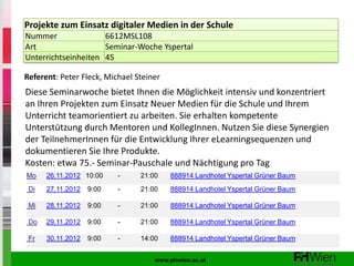 Projekte zum Einsatz digitaler Medien in der Schule
Nummer               6612MSL108
Art                  Seminar-Woche Yspertal
Unterrichtseinheiten 45

Referent: Peter Fleck, Michael Steiner
Diese Seminarwoche bietet Ihnen die Möglichkeit intensiv und konzentriert
an Ihren Projekten zum Einsatz Neuer Medien für die Schule und Ihrem
Unterricht teamorientiert zu arbeiten. Sie erhalten kompetente
Unterstützung durch Mentoren und KollegInnen. Nutzen Sie diese Synergien
der TeilnehmerInnen für die Entwicklung Ihrer eLearningsequenzen und
dokumentieren Sie Ihre Produkte.
Kosten: etwa 75.- Seminar-Pauschale und Nächtigung pro Tag
Mo    26.11.2012 10:00    -     21:00    888914 Landhotel Yspertal Grüner Baum
 Di   27.11.2012   9:00   -     21:00    888914 Landhotel Yspertal Grüner Baum

 Mi   28.11.2012   9:00   -     21:00    888914 Landhotel Yspertal Grüner Baum

 Do   29.11.2012   9:00   -     21:00    888914 Landhotel Yspertal Grüner Baum

 Fr   30.11.2012   9:00   -     14:00    888914 Landhotel Yspertal Grüner Baum


                                    www.phwien.ac.at
 