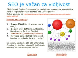 Glavna 4 SEO područja:
1. Onsite SEO (Title, H1, Anchor, naziv
slika)
2. Domain level SEO (ime.hr, Robot.txt,
Breadcrumps, Favicon, Sadržaj)
3. Off site SEO (vanjski linkovi/referali)
4. Keyword agnostic SEO (Site speed,
hosting, geo-lokacija, browsing history)
Na poziciju utječe oko 200-250 faktora koje
Google mijenja +500 puta godišnje (2-3 puta
dnevno). Nit konkurencija ne spava!
SEO (Search Engine Optimization) je trajni proces izmjene mrežnog sjedišta
kako bi se postigla bolja ili zadržala ista, visoka pozicija.
Dobre upute su na: http://www.google.com/webmasters/docs/search-engine-optimization-
starter-guide.pdf
SEO je važan za vidljivost
http://en.wikipedia.
org/wiki/Pagerank
@mvarga
 