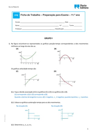 Eu e a Física 11
1
Ficha de Trabalho – Preparação para Exame – 11.º ano
Escola _____ ___ Data ________________
Nome __ N.º Turma __________
Professor __ Classificação ______________________
FPE
GRUPO I
1. Na figura encontram-se representados os gráficos posição-tempo correspondentes a dois movimentos
retilíneos ao longo do eixo dos xx.
(A) (B)
Os gráficos velocidade-tempo são:
(C) (D)
1.1. Faça a devida associação entre os gráficos (C) e (D) e os gráficos (A) e (B).
(C) corresponde a (A) e (D) corresponde a (B).
Quando o declive da tangente à curva ( )
x t é negativo, x
v é negativo; quando é positivo, x
v é positivo.
1.2. Esboce os gráficos aceleração-tempo para os dois movimentos.
Na situação (A): Na situação (B):
1.3. Determine x1, t1, x2 e t2.
 