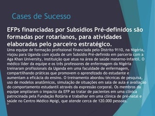 Cases de Sucesso
EFPs financiadas por Subsídios Pré-definidos são
formadas por rotarianos, para atividades
elaboradas pelo parceiro estratégico.
Uma equipe de formação profissional financiada pelo Distrito 9110, na Nigéria,
viajou para Uganda com ajuda de um Subsídio Pré-definido em parceria com a
Aga Khan University, instituição que atua na área de saúde materno-infantil. O
médico líder da equipe e os três professores de enfermagem da Nigéria
treinaram profissionais da Uganda em uma faculdade de enfermagem,
compartilhando práticas que promovem o aprendizado do estudante e
aumentam a eficácia do ensino. O treinamento abordou técnicas de pesquisa,
uso de modelos anatômicos, simulação de situações em sala de aula e avaliação
do comportamento estudantil através da expressão corporal. Os membros da
equipe ampliaram o impacto da EFP ao tratar de pacientes em uma clínica
patrocinada pela Fundação Rotária e trabalhar em uma clínica de pré-natal e
saúde no Centro Médico Mpigi, que atende cerca de 120.000 pessoas.
PT

 