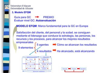 Guía para GC PREMIO
Evaluar nivel GC: Autoevaluación
MODELO EFQM: Marco fundamental para la GC en Europa
Satisfacción del cliente, del personal y la scdad. se consiguen
mediante el liderazgo que conduce la estrategia, las personas, los
recursos y los procesos, para alcanzar los mejores resultados
empresariales
9 elementos
5 agentes
4 resultados
Cómo se alcanzan los resultados
Ha alcanzado, está alcanzando
Liderazgo Política y estrategia
Personas
Alianzas y recursos
Resultado
claveProcesos
Resultados en
las personas
Resultados en
los clientes
Resultados en
la sociedad
INNOVACIÓN Y APRENDIZAJE
AGENTES FACILITADORES RESULTADOS
Personas Procesos Resultados
3. Modelo EFQM
 