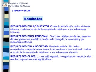 Resultados
RESULTADOS EN LOS CLIENTES: Grado de satisfacción de los distintos
clientes, medido a través de la recogida de opiniones y por indicadores
internos.
RESULTADOS EN EL PERSONAL: Grado de satisfacción de las personas
de la organización, medido a través de la recogida de opiniones y por
indicadores internos.
RESULTADOS EN LA SOCIEDAD: Grado de satisfacción de las
necesidades y expectativas a escala local, nacional o internacional, medido
a través de la recogida de opiniones y por indicadores internos.
RESULTADOS CLAVE: Lo que está logrando la organización respecto a los
resultados previstos más significativos.
3. Modelo EFQM
 