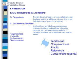 3. Modelo EFQM
Criterio 8 RESULTADOS EN LA SOCIEDAD
8a. Percepciones
8b. Indicadores de rendimiento
Responsabilidad
Implicación
Medio ambiente
Reconocimientos
Tendencias
Comparaciones
Ámbito
Relevancia
Causa-efecto (agente)
Implicación en actividades y organizaciones
diversas - instituciones benéficas, educación,
deportes, etc.-: reconocimientos públicos, nº
personas biblioteca con acreditación para evaluar
EFQM
Número de referencias en prensa, satisfacción con
la página web de la biblioteca, número de premios
/felicitaciones de procedencia externa
 