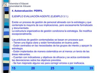 4. Autoevaluación: PERFIL
EJEMPLO EVALUACIÓN AGENTE (EJEMPLO 3.1.)
Existe un proceso de gestión de personal alineado con la estrategia y que
contempla la mayoría de sus implicaciones, pero escasamente formalizado
y documentado.
La estructura organizativa de gestión condiciona la estrategia. Se modifica
excepcionalmente.
Las prácticas de gestión contempladas se basan en procesos que:
- Tienen una lógica clara y están formalizados en buena parte.
- Están centrados en las necesidades de los grupos de interés y apoyan la
estrategia.
- Están implantados de manera sistemática en al menos un tercio de las
áreas relevantes.
- Cuentan con indicadores y objetivos de eficacia y se actúa controlando
las desviaciones sobre los objetivos previstos.
- Se han mejorado alguna vez para corregir errores o por ineficacia.
15 20 25 30 35
 