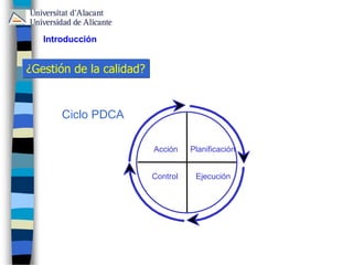 Planificación
EjecuciónControl
Acción
Ciclo PDCA
Introducción
¿Gestión de la calidad?
 