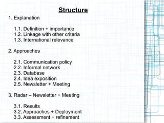 1. Explanation
1.1. Definition + importance
1.2. Linkage with other criteria
1.3. International relevance
2. Approaches
2.1. Communication policy
2.2. Informal network
2.3. Database
2.4. Idea exposition
2.5. Newsletter + Meeting
3. Radar – Newsletter + Meeting
3.1. Results
3.2. Approaches + Deployment
3.3. Assessment + refinement
Structure
 