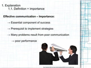 Effective communication – Importance:
→ Essential component of success
→ Prerequisit to implement strategies
→ Many problems result from poor communication
→ poor performance
1. Explanation
1.1. Definition + importance
http://engineermylife.com/wp-content/uploads/2009/03/communication.bmp
 
