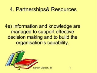 Carolin Grätsch, IB 1
4. Partnerships& Resources
4e) Information and knowledge are
managed to support effective
decision making and to build the
organisation's capability.
 