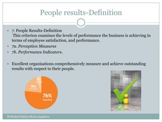 People results-Definition7. People Results-Definition This criterion examines the levels of performance the business is achieving in terms of employee satisfaction, and performance.7a. Perception Measures7b. Performance Indicators.Excellent organisations comprehensively measure and achieve outstanding results with respect to their people.IB Student Raluca-Maria Angelescu