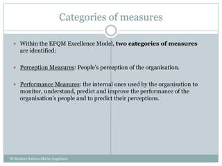 Categories of measuresWithin the EFQM Excellence Model, two categories of measures are identified: Perception Measures: People’s perception of the organisation.Performance Measures: the internal ones used by the organisation to monitor, understand, predict and improve the performance of the organisation’speople and to predict their perceptions. IB Student Raluca-Maria Angelescu