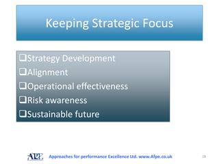 Keeping Strategic Focus

Strategy Development
Alignment
Operational effectiveness
Risk awareness
Sustainable future



       Approaches for performance Excellence Ltd. www.Afpe.co.uk   28
 