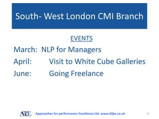 South- West London CMI Branch

                            EVENTS
March: NLP for Managers
April:   Visit to White Cube Galleries
June:    Going Freelance



      Approaches for performance Excellence Ltd. www.Afpe.co.uk   31
 