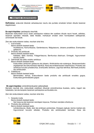 HOBBIDE
                                                            Euskal Herriko Lanbide Heziketako Kudeaketa Eredua
                                                            Modelo de Gestión de la Formación Profesional del País Vasco.




    6.- EMAITZAK BEZEROENGAN

Definizioa: erakunde bikainek zehaztasunez neurtu eta puntako emaitzak lortzen dituzte bezeroei
dagokionean.


6a azpi-irizpidea: pertzepzio neurriak.
Bezeroek erakundeari buruz duten pertzepzioa nolakoa den azaltzen dituzte neurri hauek, adibidez,
bezeroei egindako inkestak, talde fokalak, merkatuan ematen diren hornitzaileen sailkapenak,
zoriontzeak eta kexak.

Zein den erakundearen xedea, neurtzen ahal dira:
   1. Irudi erreala,
       Barne direlarik besteak beste:
          Hurbiltasuna, Komunikazioa, Gardentasuna, Malgutasuna, Jokaera proaktiboa, Erantzuteko
          gaitasuna.
   2. Produktu eta zerbitzuak
       Barne direlarik besteak beste:
          Kalitatea, Balio erantsia, Fidagarritasuna, Berrikuntza diseinuan, Entregak, Ingurumenari
          loturiko profila
   3. Salmentak eta saldu ondoko zerbitzua
       Barne direlarik besteak beste:
          Erakundeko pertsonen gaitasuna eta jokaera, Aholkularitza eta sostengua, Bezeroarentzako
          argitalpenak eta dokumentazio teknikoa, Kexa eta erreklamazioen tratamendua, Produktu eta
          zerbitzuei buruzko prestakuntza, Erantzuteko denbora, Laguntza teknikoa, Bermeak produktu
          eta zerbitzuetan.
   4. Fideltasuna
       Barne direlarik besteak beste:
          Berrerosteko asmoa, Erakundearen beste produktu eta zerbitzuak erosteko gogoa,
          Erakundea gomendatzeko gogoa.



6b azpi-irizpidea: errendimenduaren adierazleak
Barneko neurriak dira, erakundeak erabiltzen dituenak errendimendua ikuskatu, ulertu, iragarri eta
hobetzeko, bai eta kanpoko bezeroen pertzepzioa aurrikusteko ere.

Zein den erakundearen xedea, neurtzen ahal dira:

   1. Kanpoko irudia
      Barne direlarik besteak beste:
        Sari kopurua eta bezeroen izendapen kopurua, Prentsan izandako oihartzuna
   2. Produktu eta zerbitzuak
      Barne direlarik besteak beste:
        Lehiakortasuna, Akats, oker eta errefusen portzentaia, Onespen zigiluak, berme markak edo
        Ingurumenari buruzko etiketak, Produktu eta zerbitzuetako bermeak, Kexa eta




                                          EFQM 2003 eredua                             Orrialde 11 / 15
 