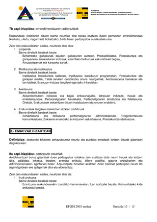 HOBBIDE
                                                             Euskal Herriko Lanbide Heziketako Kudeaketa Eredua
                                                             Modelo de Gestión de la Formación Profesional del País Vasco.




7b azpi-irizpidea: errendimenduaren adierazleak

Erakundeak erabiltzen dituen barne neurriak dira berau osatzen duten pertsonen errendimendua
ikuskatu, ulertu, iragarri eta hobetzeko, baita haien pertzepzioa aurrikusteko ere.

Zein den erakundearen xedea, neurtzen ahal dira:
   1. Lorpenak
       Barne direlarik besteak beste:
          Beharrezko gaitasunak dauden gaitasunen aurrean, Produktibitatea, Prestakuntza eta
          garapeneko arrakastaren indizeak, ezarritako helburuak eskuratzeari begira, .
          Aintzastepenak eta kanpoko sariak.

   2. Motibazioa eta inplikazioa
      Barne direlarik besteak beste:
        Inplikazioa hobekuntza taldetan, Inplikazioa iradokizun programetan, Prestakuntza eta
        garapen mailak, Talde lanaren ondoriozko onura neurgarriak, Aintzatespena banakoei eta
        lan-taldeei, Erantzun-indizea langileei egindako inkestetan.

   3. Asetasuna
      Barne direlarik besteak beste:
        Absentismoaren indizeak eta bajak eritasunagatik, Istripuen indizeak, Kexak eta
        erreklamazioak, Pertsonalgoaren hautaketa, Pertsonalgoaren errotazioa eta fideltasuna,
        Grebak, Erakundeak eskaintzen dituen instalazioen eta onuren erabilera.

   4. Erakundeak langileei eskaintzen dizkien zerbitzuak
      Barne direlarik besteak beste:
         Zehaztasuna      eta   doitasuna    pertsonalgoaren administrazioan,   Eraginkortasuna
         komunikazioan, Eskaerei emandako erantzunen azkartasuna, Prestakuntza ebaluazioa.



8.- EMAITZAK GIZARTEAN

Definizioa: erakunde bikainek zehaztasunez neurtu eta puntako emaitzak lortzen dituzte gizarteari
dagokionean.


8a azpi-irizpidea: pertzepzio neurriak
Antolakuntzari buruz gizarteak duen pertzepzioa nolakoa den azaltzen dute neurri hauek eta lortzen
dira, adibidez, inkesta, txosten, prentsa artikulu, bilera publiko, gizarte ordezkarien eta
Administrazioaren agintarien bidez. Azpi-irizpide honetan azaltzen diren hainbat pertzepzio neurri 8b
azpi-irizpidean ere apligarriak dira eta alderantziz.

Zein den erakundearen xedea, neurtzen ahal da:
   1. Irudi orokorra
       Barne direlarik besteak beste:
          Erantzuna erakundearekin izandako harremanetan, Lan sortzaile bezala, Komunitateko kide
          arduratsu bezala.




                                          EFQM 2003 eredua                              Orrialde 13 / 15
 