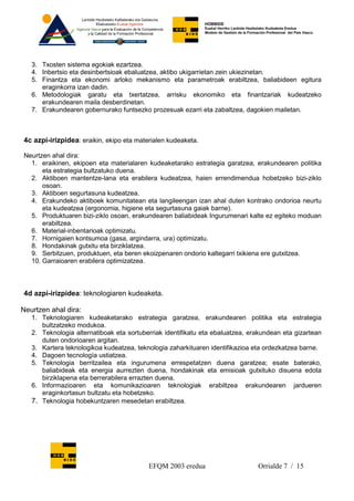 HOBBIDE
                                                              Euskal Herriko Lanbide Heziketako Kudeaketa Eredua
                                                              Modelo de Gestión de la Formación Profesional del País Vasco.




   3. Txosten sistema egokiak ezartzea.
   4. Inbertsio eta desinbertsioak ebaluatzea, aktibo ukigarrietan zein ukiezinetan.
   5. Finantza eta ekonomi arloko mekanismo eta parametroak erabiltzea, baliabideen egitura
      eraginkorra izan dadin.
   6. Metodologiak garatu eta txertatzea, arrisku ekonomiko eta finantzariak kudeatzeko
      erakundearen maila desberdinetan.
   7. Erakundearen gobernurako funtsezko prozesuak ezarri eta zabaltzea, dagokien mailetan.



4c azpi-irizpidea: eraikin, ekipo eta materialen kudeaketa.

Neurtzen ahal dira:
  1. eraikinen, ekipoen eta materialaren kudeaketarako estrategia garatzea, erakundearen politika
      eta estrategia bultzatuko duena.
  2. Aktiboen mantentze-lana eta erabilera kudeatzea, haien errendimendua hobetzeko bizi-ziklo
      osoan.
  3. Aktiboen segurtasuna kudeatzea.
  4. Erakundeko aktiboek komunitatean eta langileengan izan ahal duten kontrako ondorioa neurtu
      eta kudeatzea (ergonomia, higiene eta segurtasuna gaiak barne).
  5. Produktuaren bizi-ziklo osoan, erakundearen baliabideak Ingurumenari kalte ez egiteko moduan
      erabiltzea.
  6. Material-inbentarioak optimizatu.
  7. Hornigaien kontsumoa (gasa, argindarra, ura) optimizatu.
  8. Hondakinak gutxitu eta birziklatzea.
  9. Serbitzuen, produktuen, eta beren ekoizpenaren ondorio kaltegarri txikiena ere gutxitzea.
  10. Garraioaren erabilera optimizatzea.



4d azpi-irizpidea: teknologiaren kudeaketa.

Neurtzen ahal dira:
   1. Teknologiaren kudeaketarako estrategia garatzea, erakundearen politika eta estrategia
      bultzatzeko modukoa.
   2. Teknologia alternatiboak eta sortuberriak identifikatu eta ebaluatzea, erakundean eta gizartean
      duten ondorioaren argitan.
   3. Kartera teknologikoa kudeatzea, teknologia zaharkituaren identifikazioa eta ordezkatzea barne.
   4. Dagoen tecnología ustiatzea.
   5. Teknologia berritzailea eta ingurumena errespetatzen duena garatzea; esate baterako,
      baliabideak eta energia aurrezten duena, hondakinak eta emisioak gutxituko disuena edota
      birziklapena eta berrerabilera errazten duena.
   6. Informazioaren eta komunikazioaren teknologiak erabiltzea erakundearen jardueren
      eraginkortasun bultzatu eta hobetzeko.
   7. Teknologia hobekuntzaren mesedetan erabiltzea.




                                          EFQM 2003 eredua                                 Orrialde 7 / 15
 