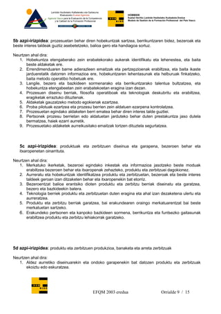 HOBBIDE
                                                               Euskal Herriko Lanbide Heziketako Kudeaketa Eredua
                                                               Modelo de Gestión de la Formación Profesional del País Vasco.




5b azpi-irizpidea: prozesuetan behar diren hobekuntzak sartzea, berrikuntzaren bidez, bezeroak eta
beste interes taldeak guztiz asebetetzeko, balioa gero eta handiagoa sortuz.

Neurtzen ahal dira:
   1. Hobekuntza etengaberako zein erabatekorako aukerak identifikatu eta lehenestea, eta baita
       beste aldaketak ere.
   2. Errendimenduaren barne adierazleen emaitzak eta pertzepzioenak erabiltzea, eta baita ikaste
       jardueretatik datorren informazioa ere, hobekuntzaren lehentasunak eta helburuak finkatzeko,
       baita metodo operatibo hobetuak ere.
   3. Langile, bezero eta bazkideen sormenarako eta berrikuntzarako talentua bultzatzea, eta
       hobekuntza etengabeetan zein erabatekoetan eragina izan dezan.
   4. Prozesuen diseinu berriak, filosofia operatiboak eta teknologiak deskubritu eta erabiltzea,
       eragiketak erraztuko dituztenak.
   5. Aldaketak gauzatzeko metodo egokienak ezartzea.
   6. Proba pilotuak ezartzea eta prozesu berrien zein aldatuen ezarpena kontrolatzea.
   7. Prozesuetan egindako aldaketen berri ematea behar diren interes talde guztiei.
   8. Pertsonek prozesu berrietan edo aldatuetan jarduteko behar duten prestakuntza jaso dutela
       bermatzea, haiek ezarri aurretik.
   9. Prozesuetako aldaketek aurreikusitako emaitzak lortzen dituztela segurtatzea.



   5c azpi-irizpidea: produktuak eta zerbitzuen diseinua eta garapena, bezeroen behar eta
   itxaropenetan oinarrituta.

Neurtzen ahal dira:
   1. Merkatuko ikerketak, bezeroei egindako inkestak eta informazioa jasotzeko beste moduak
       erabiltzea bezeroen behar eta itxaropenak zehazteko, produktu eta zerbitzuei dagokionez.
   2. Aurreratu eta hobekuntzak identifikatzea produktu eta zerbitzuetan, bezeroak eta beste interes
       taldeek geroan izan ditzaketen behar eta itxaropenekin bat etorriz.
   3. Bezeroentzat balioa erantsiko dioten produktu eta zerbitzu berriak diseinatu eta garatzea,
       bezero eta bazkideekin batera.
   4. Teknologia berriek produktu eta zerbitzuetan duten eragina eta ahal izan dezaketena ulertu eta
       aurreratzea.
   5. Produktu eta zerbitzu berriak garatzea, bai erakundearen oraingo merkatuarentzat bai beste
       merkatuetan sartzeko.
   6. Erakundeko pertsonen eta kanpoko bazkideen sormena, berrikuntza eta funtsezko gaitasunak
       erabiltzea produktu eta zerbitzu lehiakorrak garatzeko.




5d azpi-irizpidea: produktu eta zerbitzuen produkzioa, banaketa eta arreta zerbitzuak

Neurtzen ahal dira:
   1. Aldez aurretiko diseinuarekin eta ondoko garapenekin bat datozen produktu eta zerbitzuak
       ekoiztu edo eskuratzea.




                                            EFQM 2003 eredua                                Orrialde 9 / 15
 