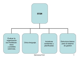 EFQM Evaluar la organización sus fortalezas  clave y posibles carencias. Único lenguaje. Iniciativas existentes y  planificadas Estructura básica  para el sistema  de gestión 