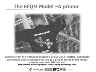The EFQM Model –A primer


                                            Sustainable Growth:

                                            -Imperatives for 2020 and
                                            beyond




Extracts from the workshop materials of our 2012 Practical Excellence
 Workshops are shared here for use as a primer on the EFQM model.
                   If you‟d like to join us at a 2012 Event go to:
          http://www.leadershipagenda.com/training-workshops.html

                  ©                                                     0
                                                         Q1 2012
 