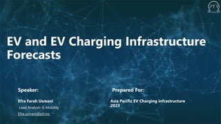 Confidential. ©Power Technology Research 2023.
EV and EV Charging Infrastructure
Forecasts
Efra Farah Usmani
Lead Analyst– E-Mobility
Efra.usmani@ptr.inc
Speaker: Prepared For:
Asia Pacific EV Charging infrastructure
2023
 