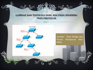 GAMBAR DAN TOPOLOGI YANG ADA PADA SPANNING
             TREE PROTOCOL




                           Gambar : Root Bridge dan
                           Proses Pertukaran Nilai
                           BPDU
 