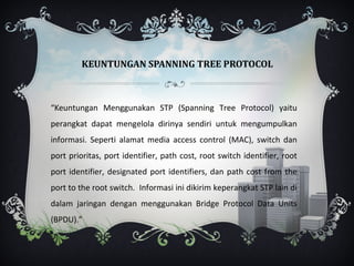 KEUNTUNGAN SPANNING TREE PROTOCOL



“Keuntungan Menggunakan STP (Spanning Tree Protocol) yaitu
perangkat dapat mengelola dirinya sendiri untuk mengumpulkan
informasi. Seperti alamat media access control (MAC), switch dan
port prioritas, port identifier, path cost, root switch identifier, root
port identifier, designated port identifiers, dan path cost from the
port to the root switch. Informasi ini dikirim keperangkat STP lain di
dalam jaringan dengan menggunakan Bridge Protocol Data Units
(BPDU).”
 