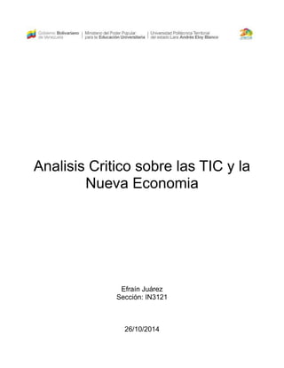 Analisis Critico sobre las TIC y la 
Nueva Economia 
Efraín Juárez 
Sección: IN3121 
26/10/2014 
 
