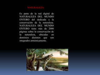 AVLL NATURALEZA ES DEL
           ECUADOR
Es parte de la red digital de
NATURALEZA DEL MUNDO
ENTERO del dedicada a la
conservación de la naturaleza.
NATURALEZA DEL MUNDO
ENTERO tiene más de 2000
páginas sobre la conservación de
la naturaleza, ubicadas en
dominios distintos que son
integrados armónicamente.
 