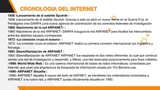1958 -Lanzamiento de el satélite Sputnik- :
1958 -Lanzamiento de el satélite Sputnik- Gracias a esto se abre un nuevo frente en la Guerra Fría, el
Pentágono crea DARPA (una nueva agencia de coordinación de los contratos federales de investigación
1969 -Nacimiento de la red ARPANET- :
1969 -Nacimiento de la red ARPANET- DARPA inaugura la red ARPANET para facilitar los intercambios
entre los distintos equipos contratantes
1973 –La conexión cruza el océano- :
1973 –La conexión cruza el océano- ARPANET realizo su primera conexión internacional con Inglaterra y
Noruega.
1983 -Desmilitarización de ARPANET :
1983 -Desmilitarización de ARPANET ARPANET fue separada en dos redes diferentes: la cual que continuó
siendo una red de investigación y desarrollo, y Milnet, una red reservada exclusivamente para fines militares.
-1989- World Wide Web : Es una cadena internacional de bases de datos informáticas, conectadas por
Internet, que usan una arquitectura de búsqueda de información creada por Tim Berners-Lee.
-1990- ARPANET disuelta :
-1990- ARPANET disuelta A causa del éxito de NSFNET, se transfieren los ordenadores conectados a
ARPANET a la nueva red, y ARPANET queda oficialmente disuelta en 1990.
 