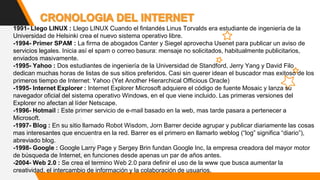 1991- Llego LINUX : Llego LINUX Cuando el finlandés Linus Torvalds era estudiante de ingeniería de la
Universidad de Helsinki crea el nuevo sistema operativo libre.
-1994- Primer SPAM : La firma de abogados Canter y Siegel aprovecha Usenet para publicar un aviso de
servicios legales. Inicia así el spam o correo basura: mensaje no solicitados, habitualmente publicitarios,
enviados masivamente.
-1995- Yahoo : Dos estudiantes de ingeniería de la Universidad de Standford, Jerry Yang y David Filo
dedican muchas horas de listas de sus sitios preferidos. Casi sin querer idean el buscador mas exitoso de los
primeros tiempo de Internet: Yahoo (Yet Another Hierarchical Officious Oracle)
-1995- Internet Explorer : Internet Explorer Microsoft adquiere el código de fuente Mosaic y lanza su
navegador oficial del sistema operativo Windows, en el que viene incluido. Las primeras versiones del
Explorer no afectan al líder Netscape.
-1996- Hotmail : Este primer servicio de e-mail basado en la web, mas tarde pasara a pertenecer a
Microsoft.
-1997- Blog : En su sitio llamado Robot Wisdom, Jorn Barrer decide agrupar y publicar diariamente las cosas
mas interesantes que encuentra en la red. Barrer es el primero en llamarlo weblog (“log” significa “diario”),
abreviado blog.
-1998- Google : Google Larry Page y Sergey Brin fundan Google Inc, la empresa creadora del mayor motor
de búsqueda de Internet, en funciones desde apenas un par de años antes.
-2004- Web 2.0 : Se crea el termino Web 2.0 para definir el uso de la www que busca aumentar la
creatividad, el intercambio de información y la colaboración de usuarios.
 
