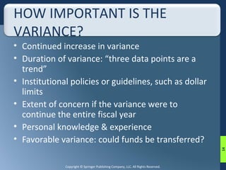 HOW IMPORTANT IS THE 
VARIANCE? 
• Continued increase in variance 
• Duration of variance: “three data points are a 
trend” 
• Institutional policies or guidelines, such as dollar 
limits 
• Extent of concern if the variance were to 
continue the entire fiscal year 
• Personal knowledge & experience 
• Favorable variance: could funds be transferred? 
Copyright © Springer Publishing Company, LLC. All Rights Reserved. 
14 
 