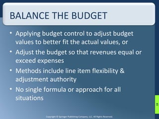 BALANCE THE BUDGET 
• Applying budget control to adjust budget 
values to better fit the actual values, or 
• Adjust the budget so that revenues equal or 
exceed expenses 
• Methods include line item flexibility & 
adjustment authority 
• No single formula or approach for all 
situations 
Copyright © Springer Publishing Company, LLC. All Rights Reserved. 
19 
 
