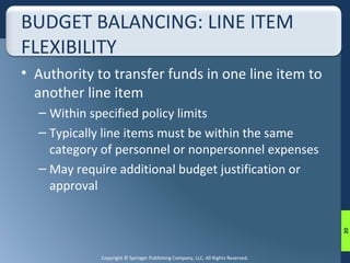 BUDGET BALANCING: LINE ITEM 
FLEXIBILITY 
• Authority to transfer funds in one line item to 
another line item 
– Within specified policy limits 
– Typically line items must be within the same 
category of personnel or nonpersonnel expenses 
– May require additional budget justification or 
approval 
Copyright © Springer Publishing Company, LLC. All Rights Reserved. 
20 
 