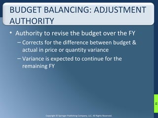 BUDGET BALANCING: ADJUSTMENT 
AUTHORITY 
• Authority to revise the budget over the FY 
– Corrects for the difference between budget & 
actual in price or quantity variance 
– Variance is expected to continue for the 
remaining FY 
Copyright © Springer Publishing Company, LLC. All Rights Reserved. 
21 
 