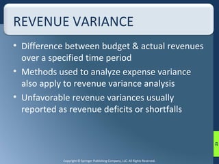 REVENUE VARIANCE 
• Difference between budget & actual revenues 
over a specified time period 
• Methods used to analyze expense variance 
also apply to revenue variance analysis 
• Unfavorable revenue variances usually 
reported as revenue deficits or shortfalls 
Copyright © Springer Publishing Company, LLC. All Rights Reserved. 
23 
 