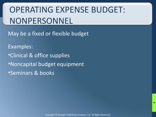 OPERATING EXPENSE BUDGET: 
NONPERSONNEL 
Examples: 
•Clinical & office supplies 
•Noncapital budget equipment 
•Seminars & books 
Copyright © Springer Publishing Company, LLC. All Rights Reserved. 
9 
May be a fixed or flexible budget 
 