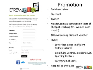 Promotion
• Database driver
• Facebook
• Twitter
• Kidspot.com.au competition (part of
  SheSpot reaching 2m+ women each
  month)
• 10% welcoming discount voucher
• Flyers:
   – Letter-box drops in affluent
     Sydney suburbs
   – Child Care Centres, including ABC
     Learning Centres
   – Parenting hot spots
• Hospital Bounty Bags
 