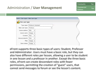 Administration /  User Management eFront supports three basic types of users: Student, Professor and Administrator. Users must have a basic role, but they can also have different roles per lesson, allowing a user to be student in one lesson and a professor in another. Except the three basic roles, eFront can create descendant roles with fewer permissions, permitting the creation of "guest" users, that cannot send messages to forum or see the lesson's content.  Community  Yes Commercial  Editions Yes 