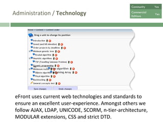 Administration /  Technology   eFront uses current web technologies and standards to ensure an excellent user-experience. Amongst others we follow AJAX, LDAP, UNICODE, SCORM, n-tier-architecture, MODULAR extensions, CSS and strict DTD. Community  Yes Commercial  Editions Yes 