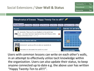 Social Extensions /  User Wall & Status Users with common lessons can write on each other’s walls, in an attempt to effectively utilize tacit knowledge within the organization. Users can also update their status, to keep anyone connected up to date e.g. the above user has written “Happy Twenty-Ten to all!!!”.  Community++ Yes Educational Yes Enterprise Yes 
