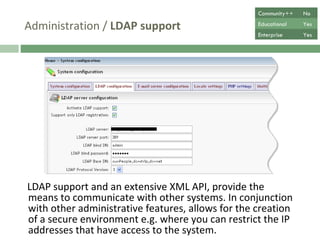 Administration /  LDAP support LDAP support and an extensive XML API, provide the means to communicate with other systems. In conjunction with other administrative features, allows for the creation of a secure environment e.g. where you can restrict the IP addresses that have access to the system.  Community++ No Educational Yes Enterprise Yes 